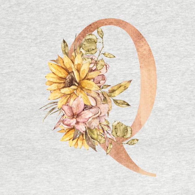 Watercolor sunflower bouquet monogram letter Q by tiana geo